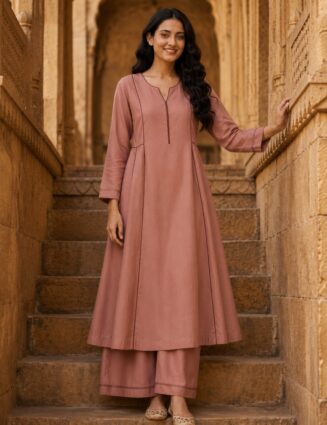 Viscose Cotton blend A-Line Kurta Set – Dusty Pink