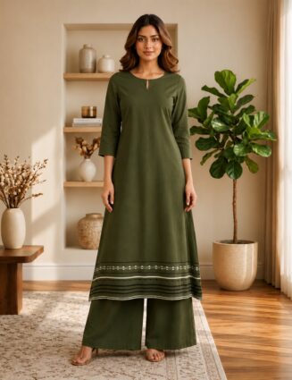 Rayon A-Line Kurta Set – Olive Green